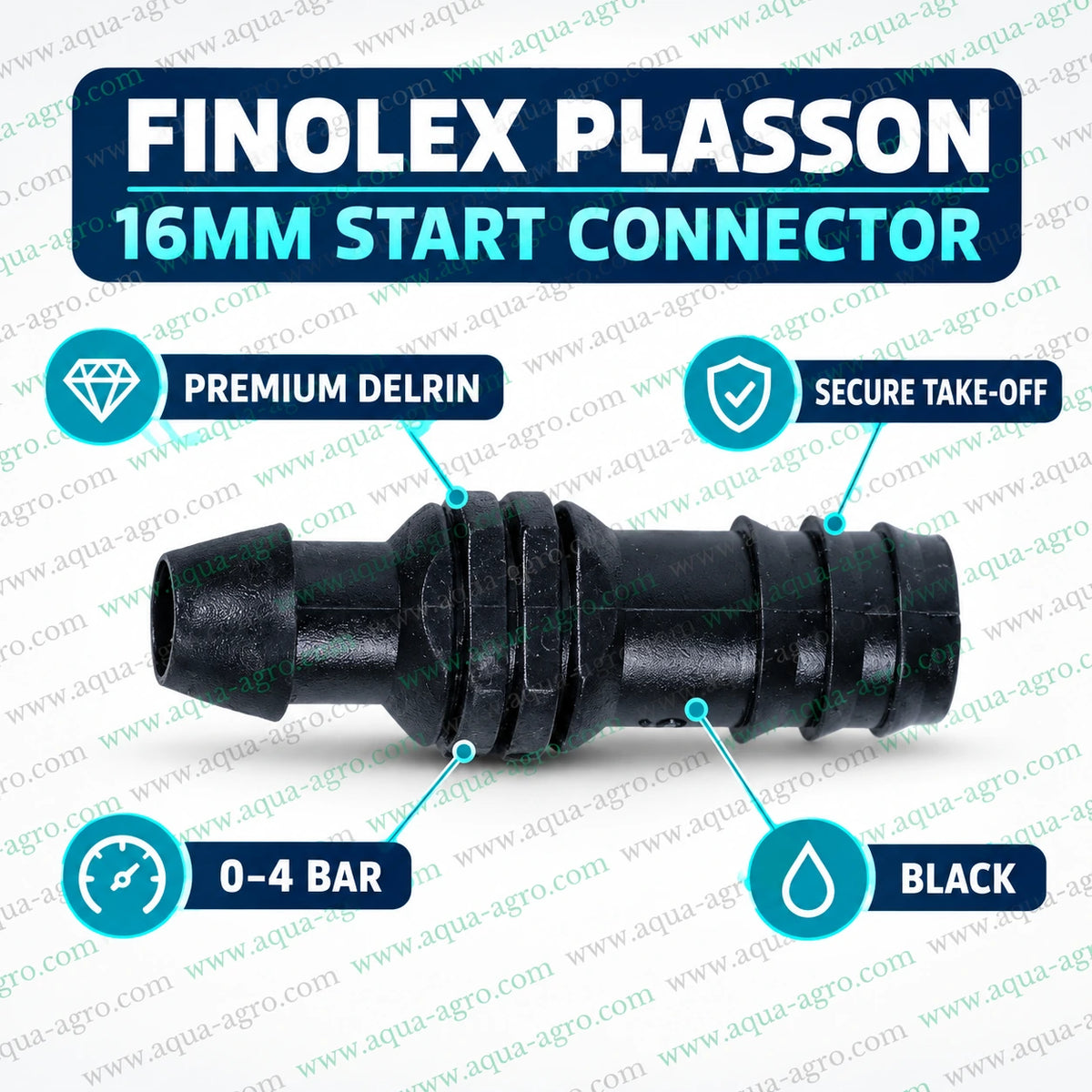 FINOLEX PLASSON premium 16mm black Delrin start connector take off fitting with secure double barb grip for drip irrigation lateral pipe connection and 0 to 4 bar operating pressure