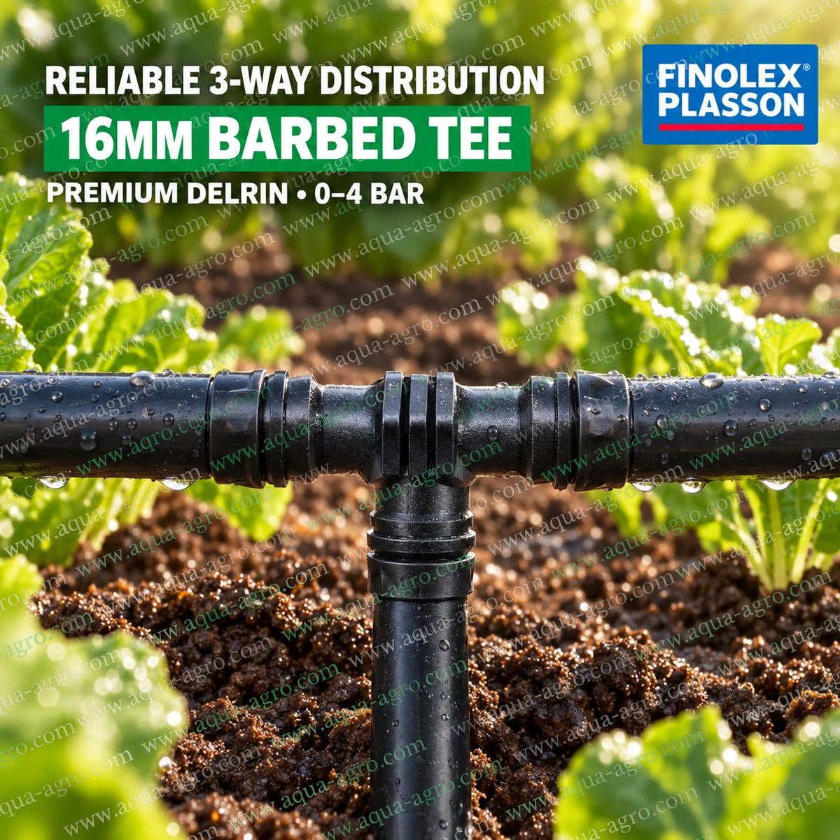 FINOLEX PLASSON premium 16mm black Delrin tee connector installed in agricultural drip irrigation system for reliable three way water distribution