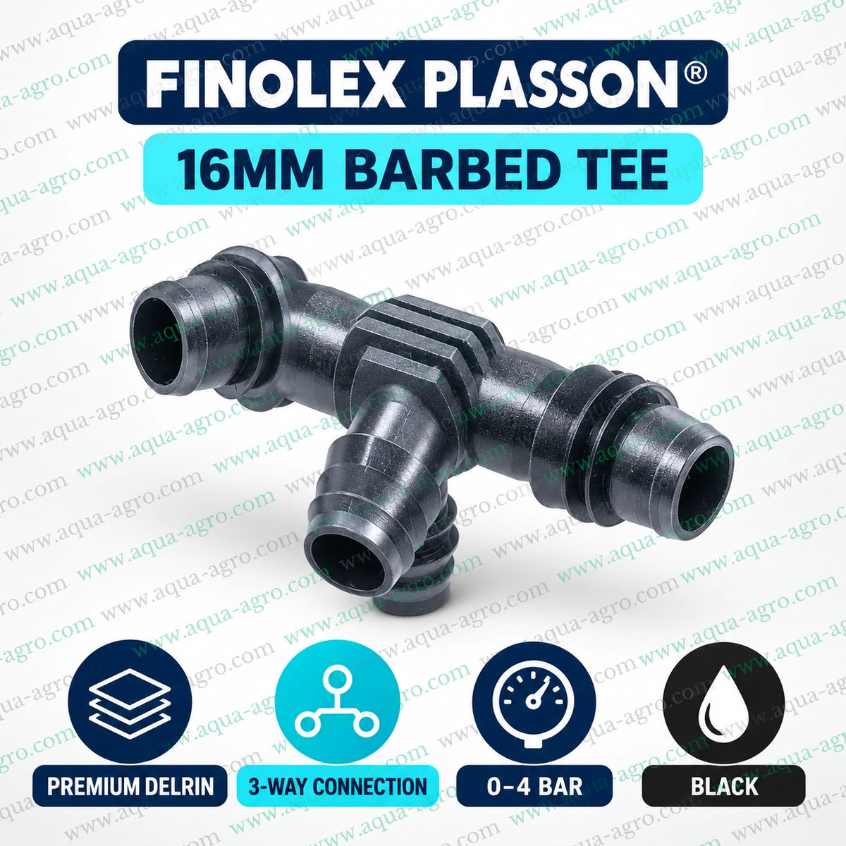 FINOLEX PLASSON premium 16mm black Delrin barbed tee connector for drip irrigation with three way pipe connection and 0 to 4 bar operating pressure
