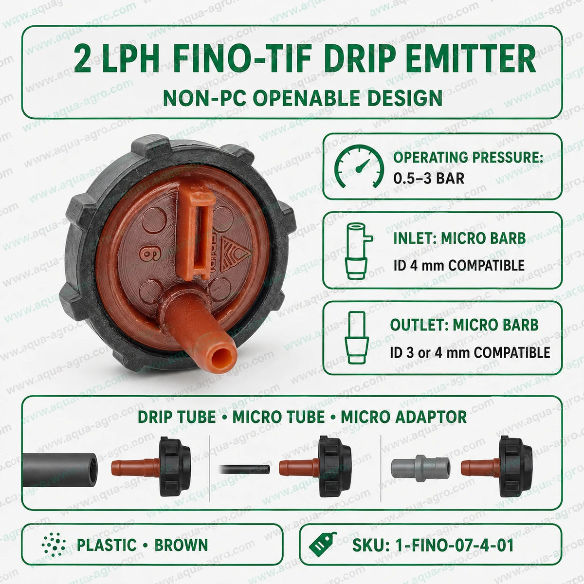 FINOLEX PLASSON Fino-Tif 2 LPH openable drip emitter with 0.5–3 bar operating pressure, micro barb connections and Class-B irrigation design