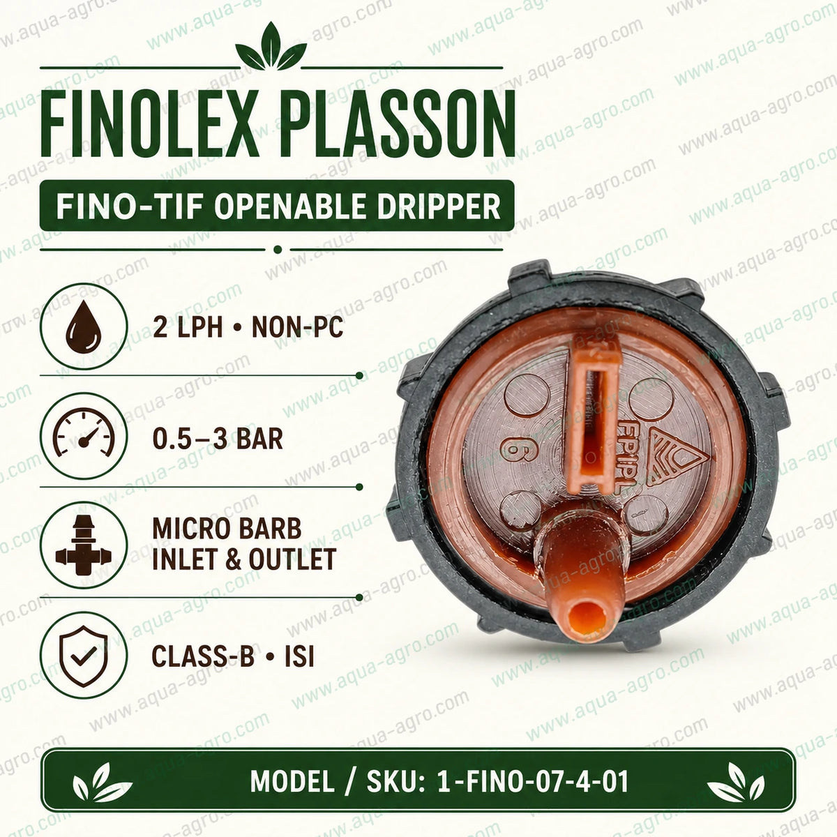 FINOLEX PLASSON Fino-Tif 2 LPH non-PC openable drip emitter with micro barb inlet and outlet for drip irrigation systems