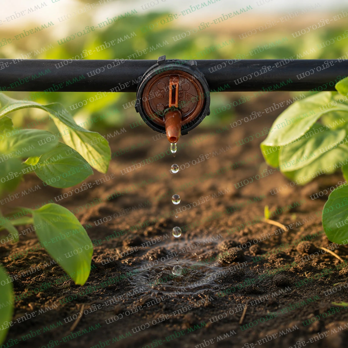 FINOLEX PLASSON Fino-Tif 2 LPH brown dripper installed on drip irrigation tube delivering water directly to plant root zone