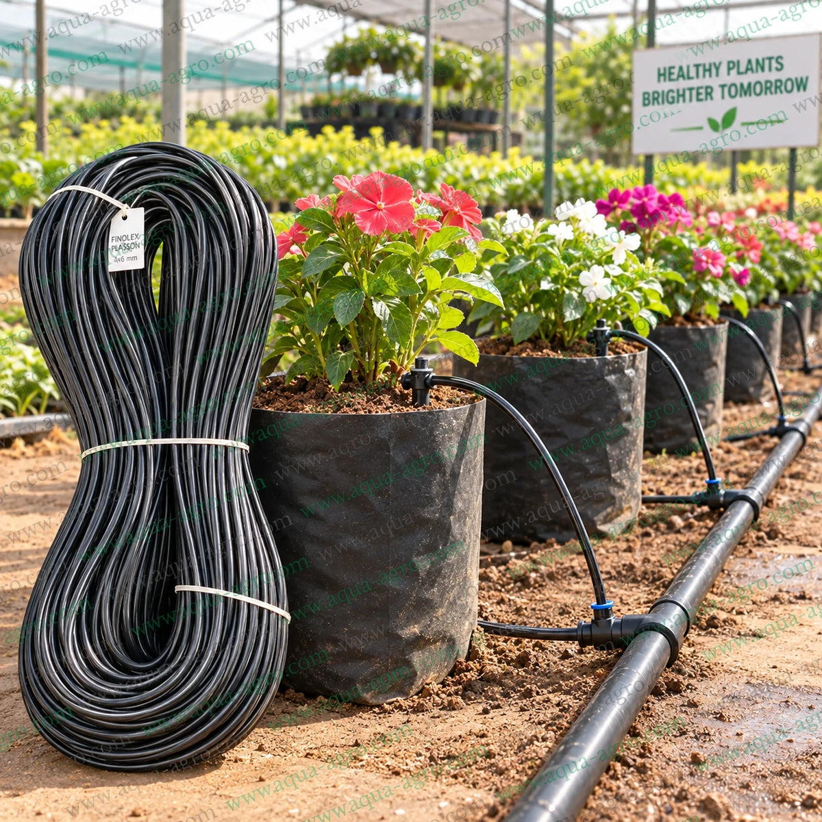 FINOLEX PLASSON premium 4x6mm soft PVC spaghetti micro tube for drip irrigation of flowering plants in nursery pots with 4mm micro barbed fittings