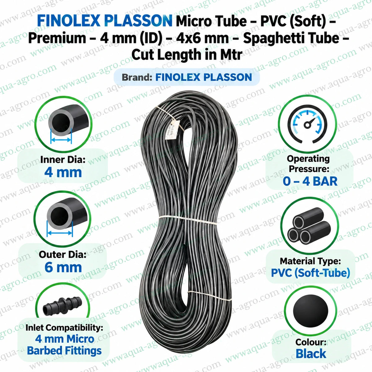 FINOLEX PLASSON premium black soft PVC micro tube cut length in metres with 4mm inner diameter 6mm outer diameter and 0 to 4 bar operating pressure for garden drip irrigation systems