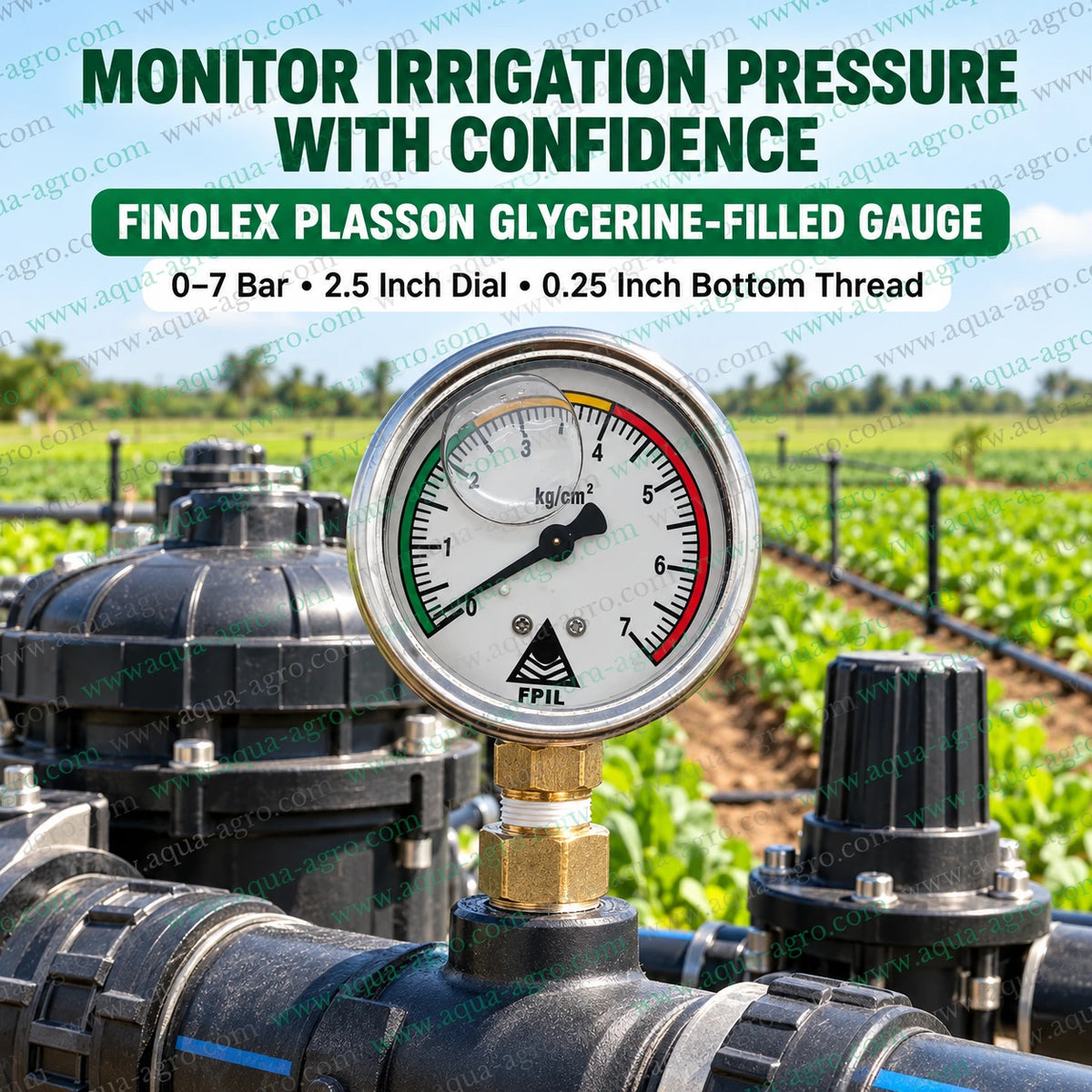 FINOLEX PLASSON glycerine filled water pressure gauge 0 to 7 bar with 2.5 inch dial stainless steel body and 0.25 inch bottom male threaded brass connection installed on agricultural drip irrigation pipeline for water pressure monitoring