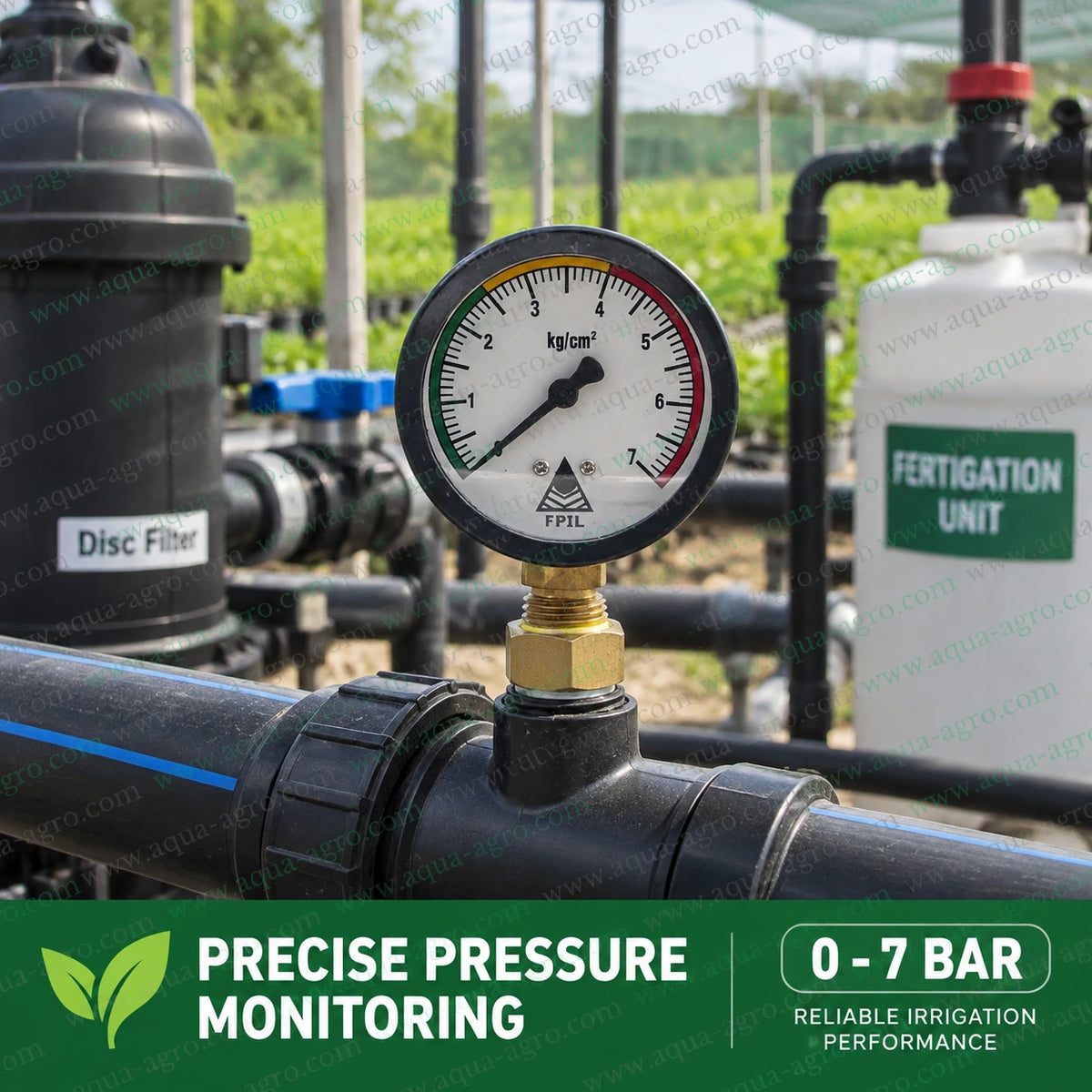 FINOLEX PLASSON Regular Pressure Gauge 0 to 7 Bar Installed on Agricultural Irrigation Pipeline with Disc Filter and Fertigation Unit for Water Pressure Monitoring