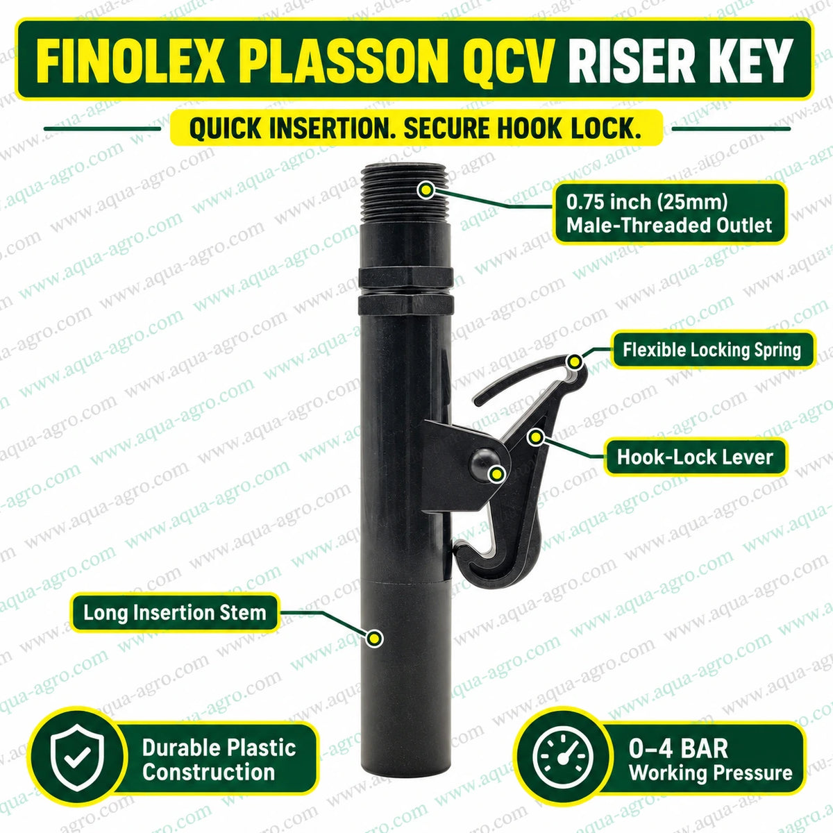 FINOLEX PLASSON plastic QRC QCV riser key 0.75 inch 25mm male threaded outlet with secure hook lock and flexible locking spring for agricultural irrigation systems