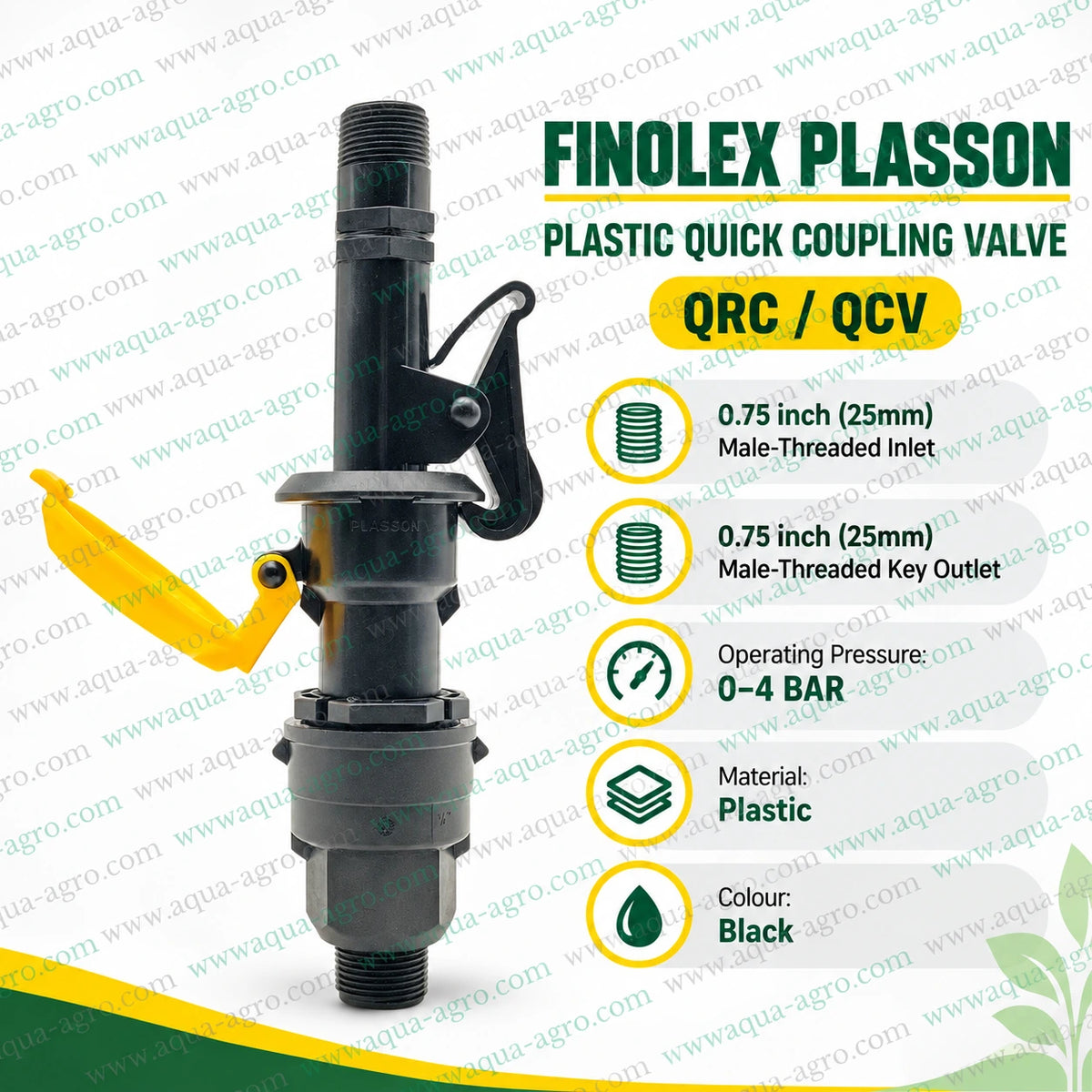 FINOLEX PLASSON plastic quick coupling valve QRC QCV with 0.75 inch 25mm male threaded inlet and outlet yellow protective cover for agricultural irrigation systems