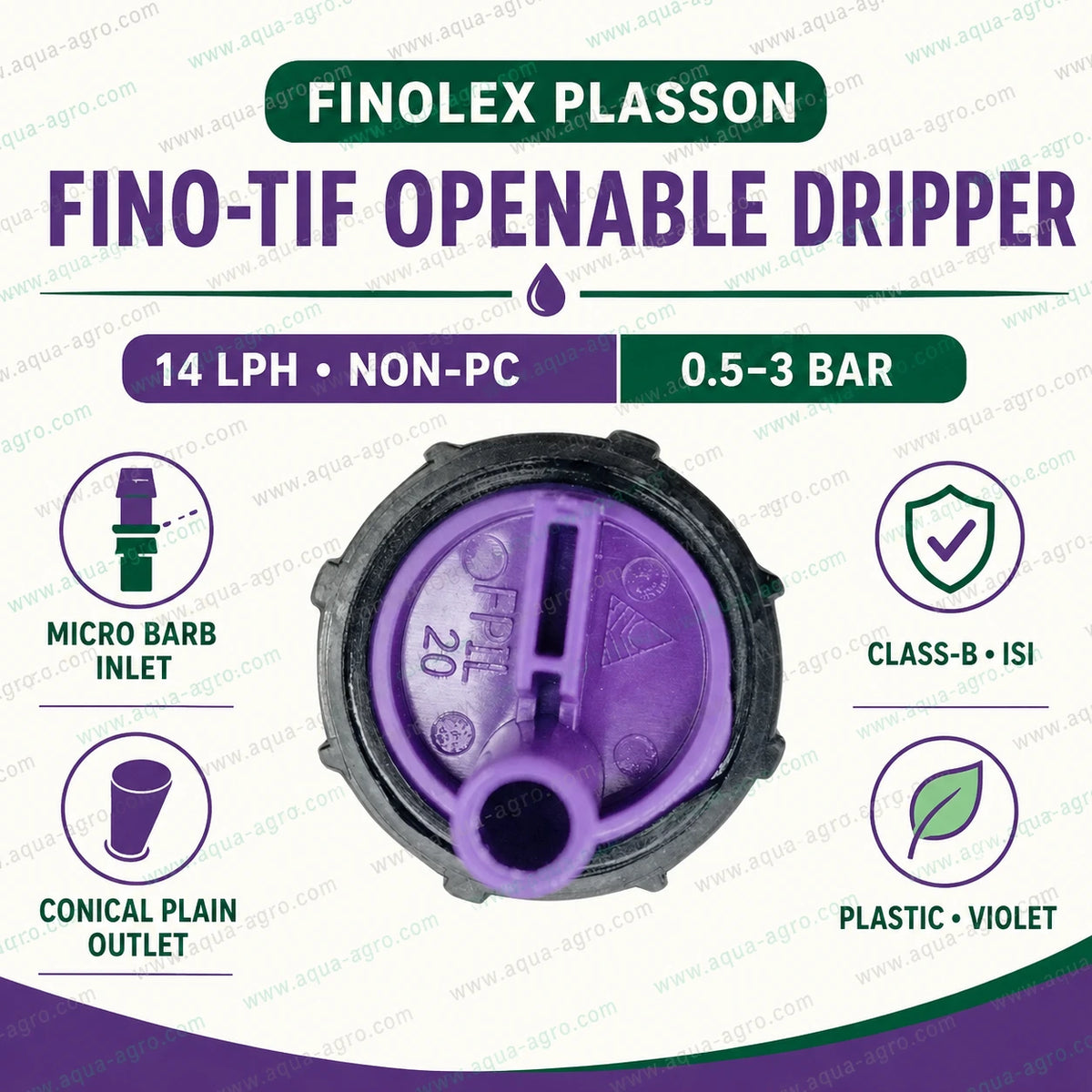 FINOLEX PLASSON 14 LPH violet Fino-Tif openable drip emitter Class-B ISI with 0.5–3 bar operating pressure