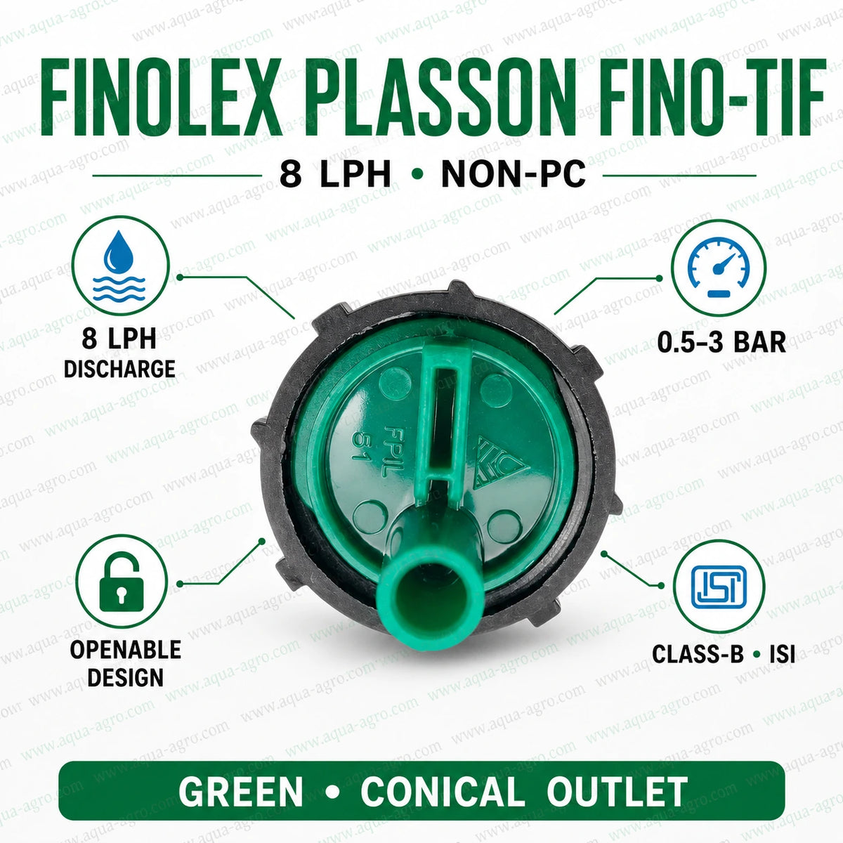 FINOLEX PLASSON Fino-Tif 8 LPH green non-PC openable drip emitter Class-B ISI with conical outlet for drip irrigation