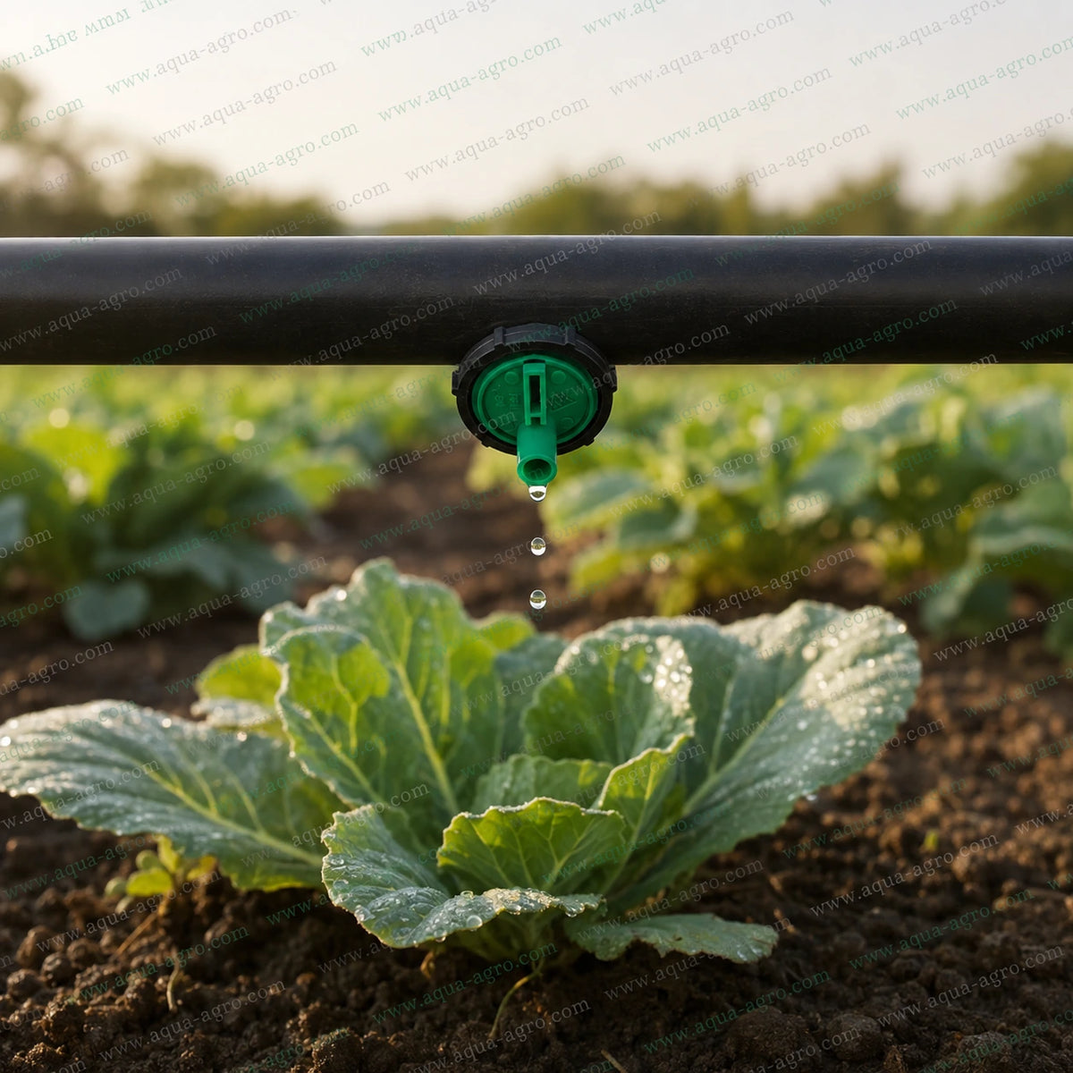 FINOLEX PLASSON 8 LPH green Fino-Tif dripper installed on drip irrigation pipe watering vegetable crop