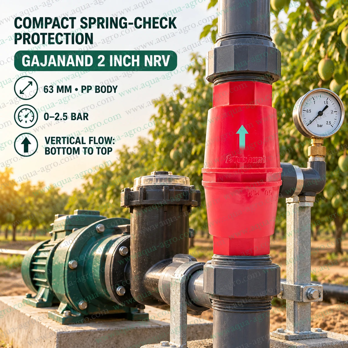 GAJANAND 2 inch 63mm plastic spring loaded non return valve installed vertically in agricultural irrigation pump pipeline for one way water flow and backflow protection