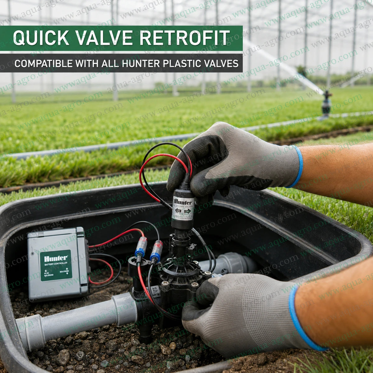 HUNTER 458200 9 VDC latching solenoid coil retrofit installation on Hunter plastic irrigation valve for battery powered automatic irrigation control