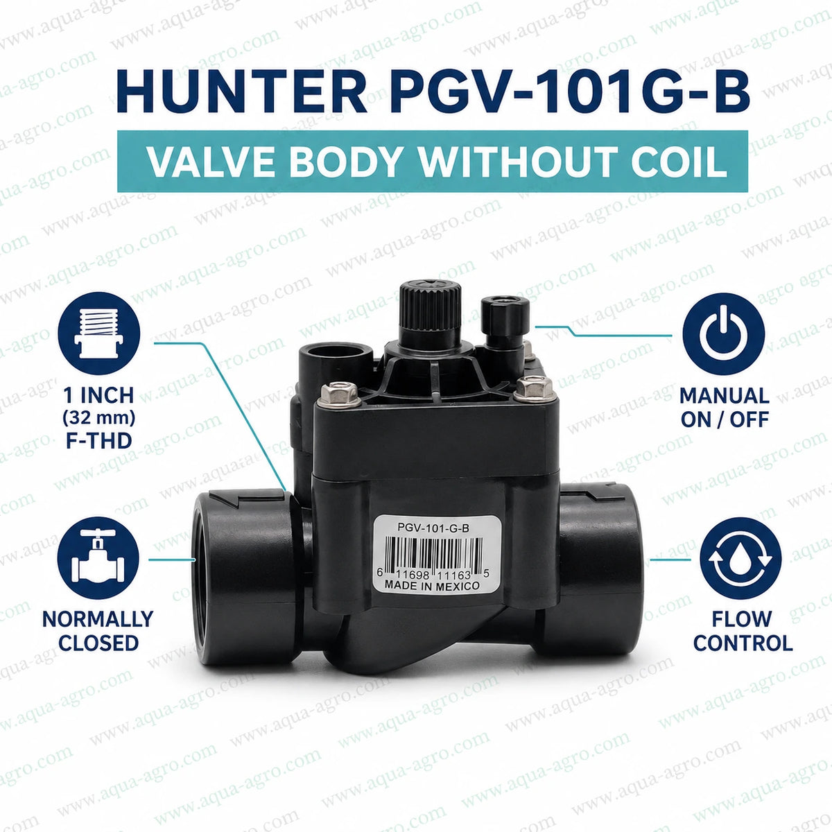 HUNTER PGV-101G-B-WOCOIL PGV Series 1 inch 32mm female threaded irrigation valve body without solenoid coil with flow control manual on off and normally closed operation