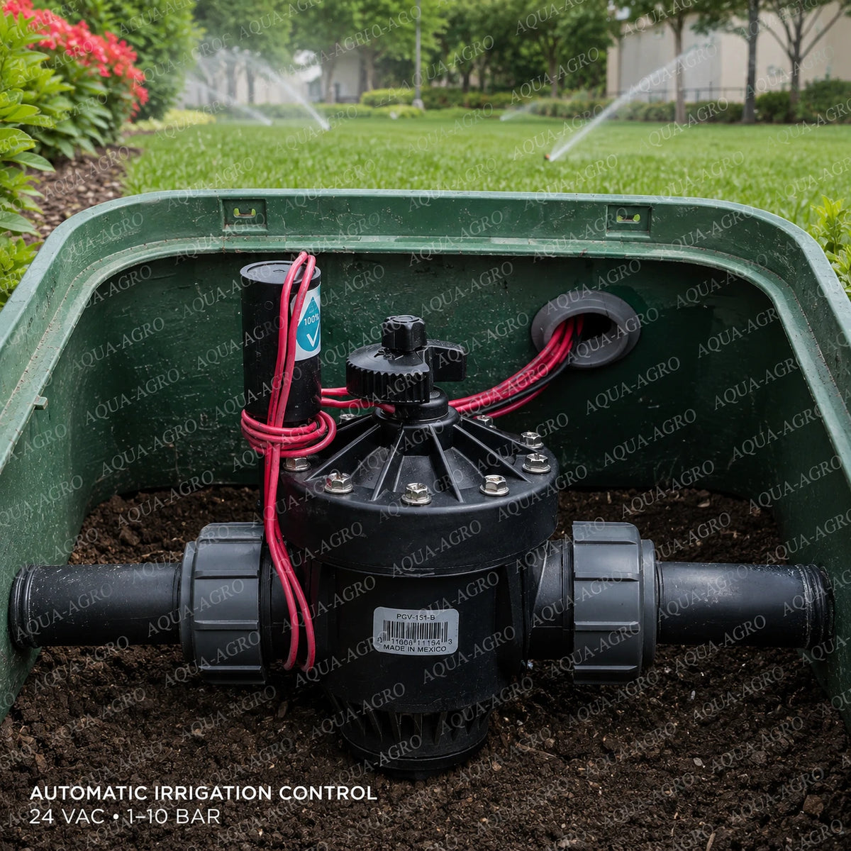 HUNTER PGV-151G-B 1.5 inch 24 VAC irrigation solenoid valve installed in valve box for automatic sprinkler and landscape irrigation control