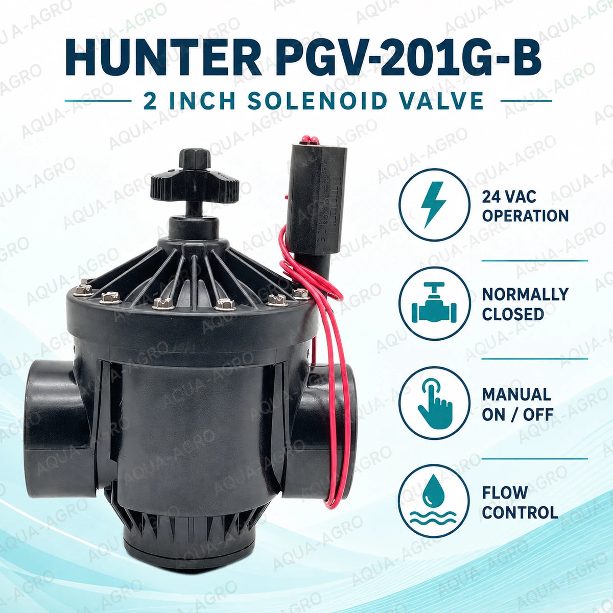 HUNTER PGV-201G-B 2 inch 63mm 24 VAC irrigation solenoid valve with flow control for automatic sprinkler landscape and agricultural irrigation systems