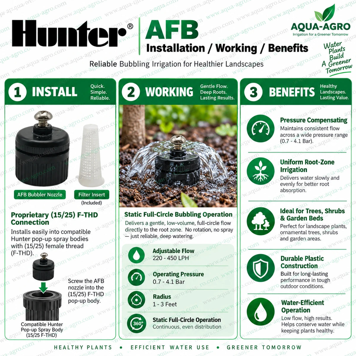 HUNTER AFB adjustable flow pressure compensating bubbler nozzle for pop up sprinkler 220 to 450 LPH full circle 360 degree irrigation 1 to 3 feet radius 0.5 inch 20mm female threaded plastic bubbler for landscape irrigation trees shrubs and garden beds