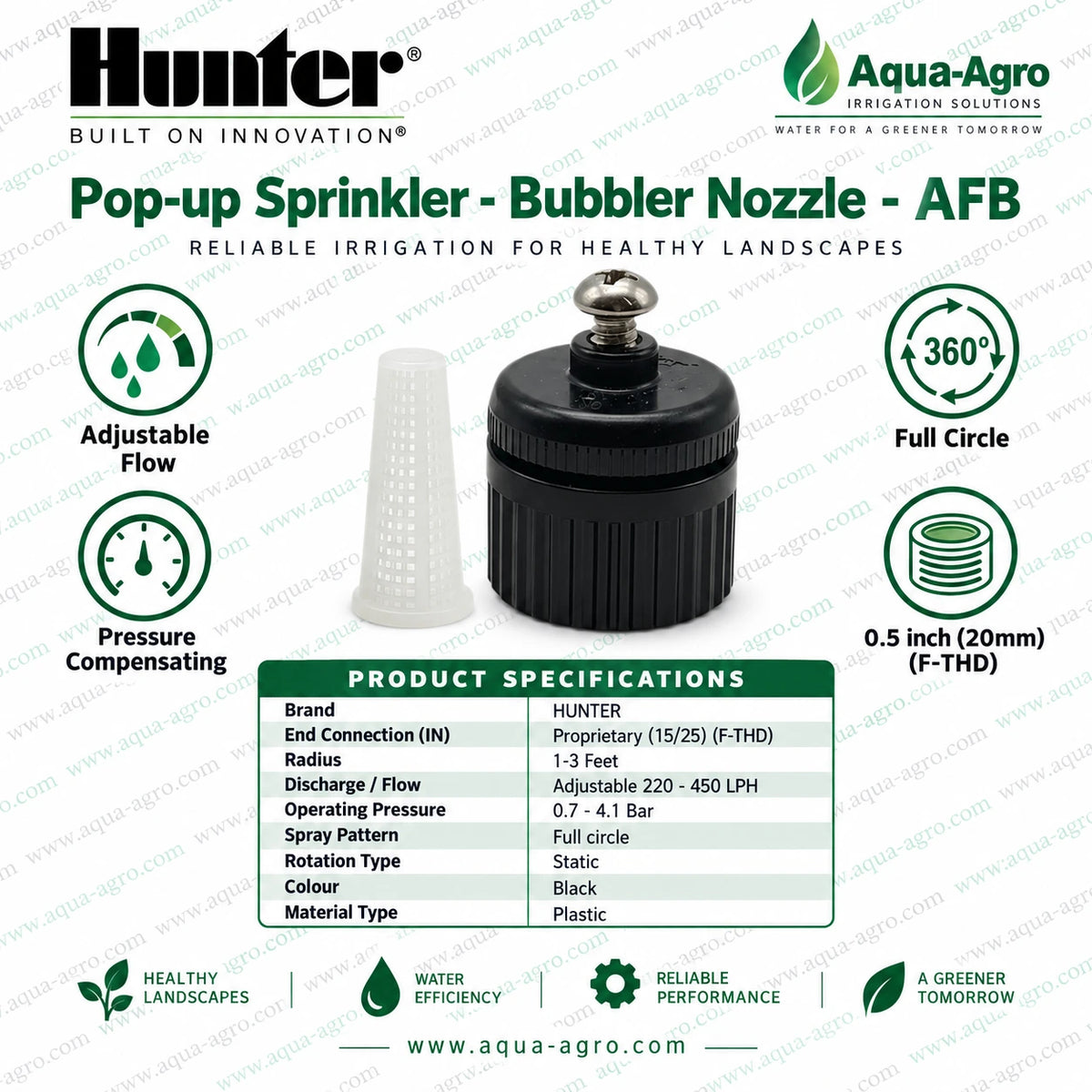 HUNTER AFB pressure compensating bubbler nozzle installation and working with adjustable 220 to 450 LPH flow 0.7 to 4.1 bar operating pressure 1 to 3 feet radius static full circle watering for efficient root zone irrigation of trees shrubs garden beds and landscapes