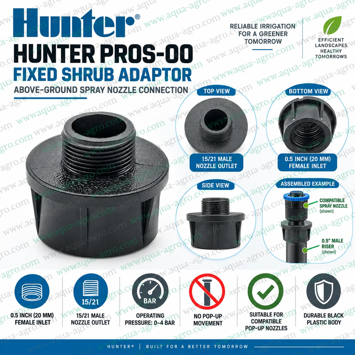 HUNTER PROS-00 shrub adaptor installation guide with 0.5 inch female threaded inlet and 15/21 male nozzle outlet for above ground lawn garden shrub irrigation