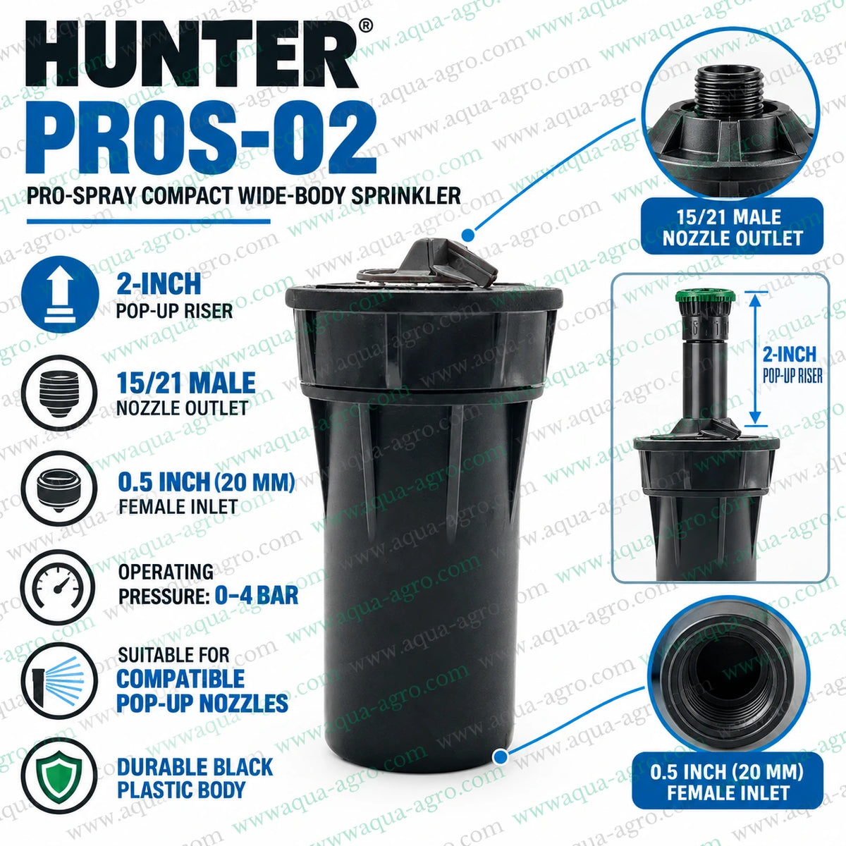 HUNTER PROS-02 Pro-Spray wide body 2 inch pop-up sprinkler riser with 0.5 inch female threaded inlet durable plastic body for landscape irrigation