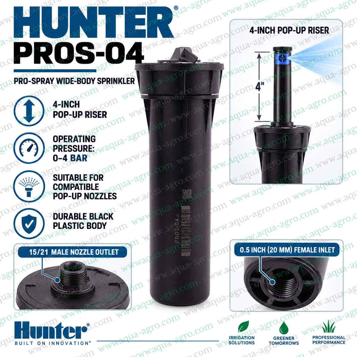 HUNTER PROS-04 Pro-Spray 4 inch pop-up sprinkler body installation with 0.5 inch female inlet for lawn garden and landscape irrigation