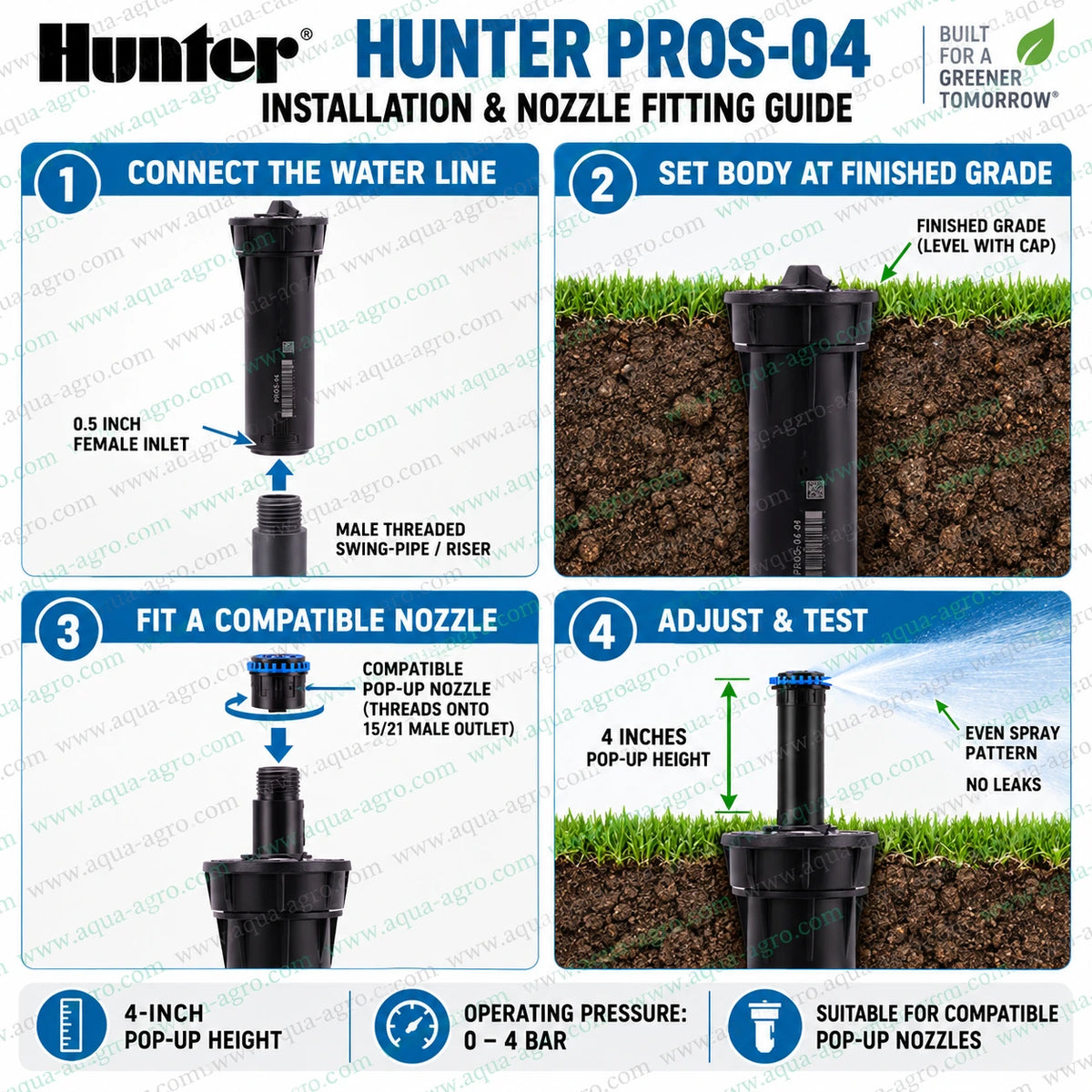 HUNTER PROS-04 Pro-Spray wide body 4 inch pop-up sprinkler riser with 0.5 inch female threaded inlet durable plastic body for compatible pop-up nozzles