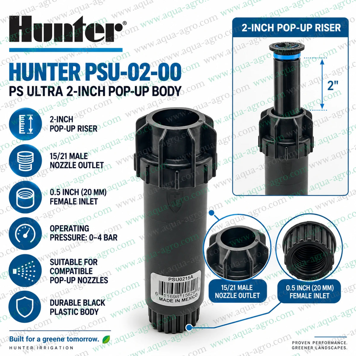 HUNTER PSU-02-00 PS Ultra 2 inch pop-up sprinkler body installation guide with 0.5 inch female threaded inlet for lawn garden and landscape irrigation