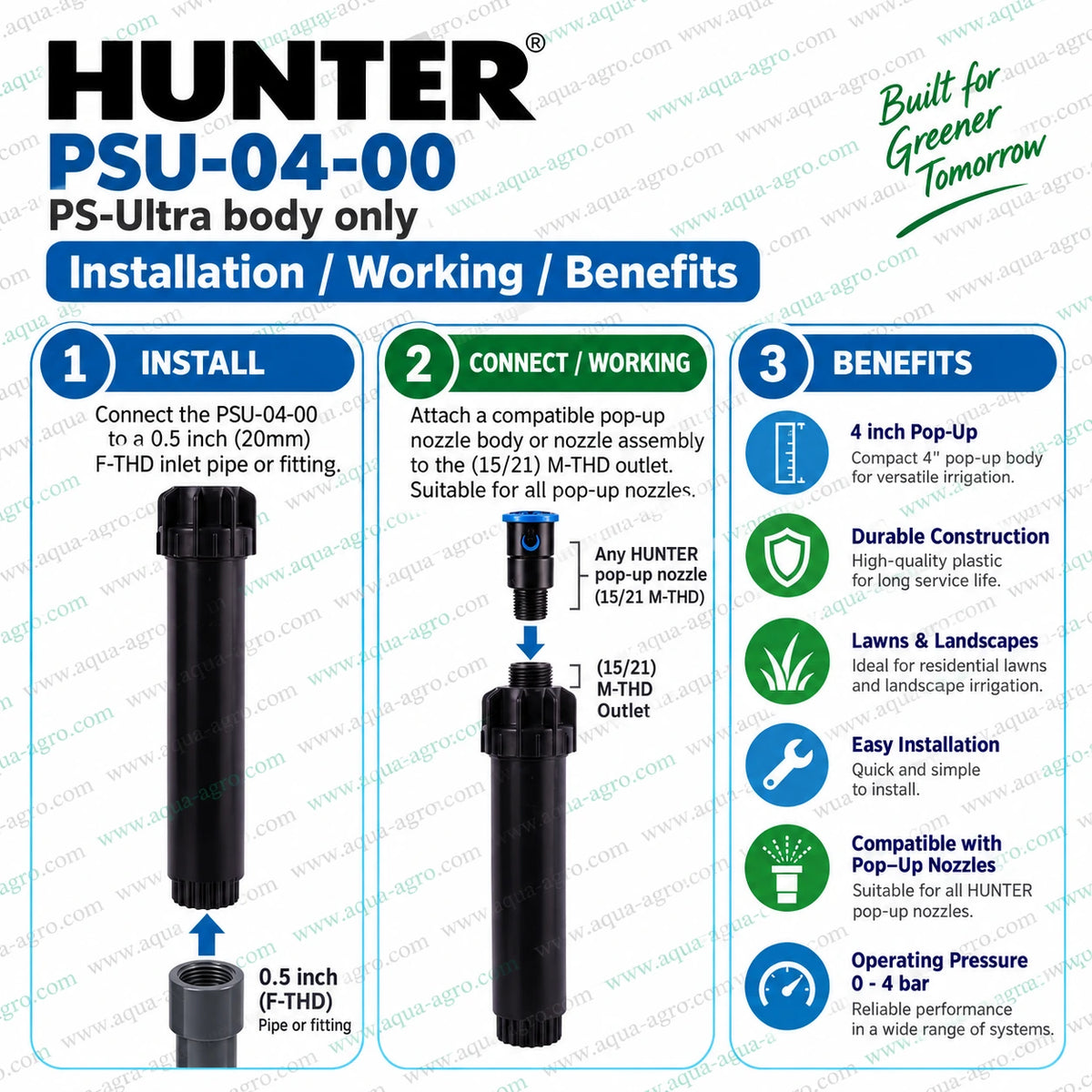 HUNTER PSU-04-00 PS Ultra 4 inch pop-up sprinkler body installation and working guide with 0.5 inch female threaded inlet for lawn garden landscape irrigation