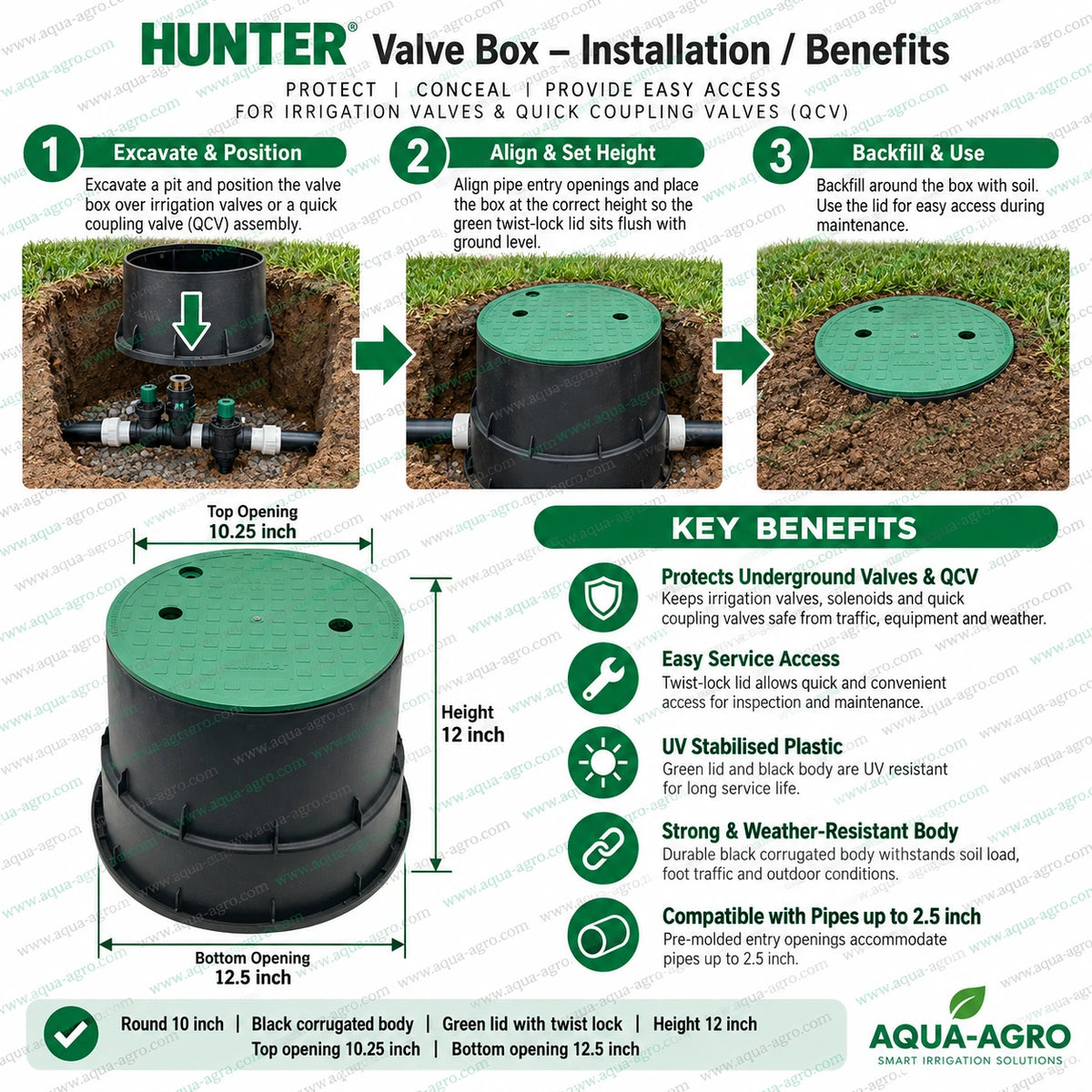 HUNTER 10 inch round underground irrigation valve box installation guide showing excavation pipe alignment soil backfilling and green twist lock lid with easy maintenance access for solenoid valves and quick coupling valves