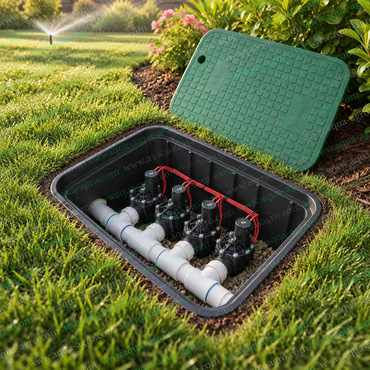 HUNTER 12 inch rectangular plastic irrigation valve box installed in garden lawn with open green lid showing four underground sprinkler solenoid valves connected to PVC irrigation pipe manifold for automatic landscape watering systems