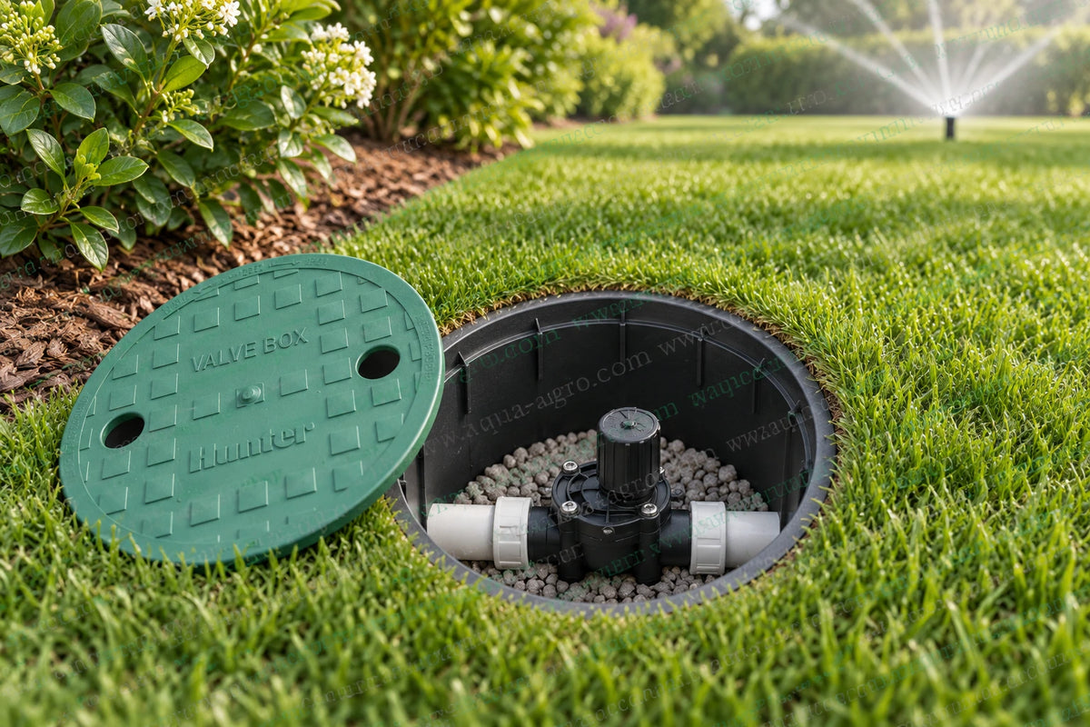 HUNTER 6 inch round plastic valve box with removable green lid installed flush with garden lawn housing an underground irrigation control valve connected to PVC pipes for sprinkler irrigation system maintenance and protection
