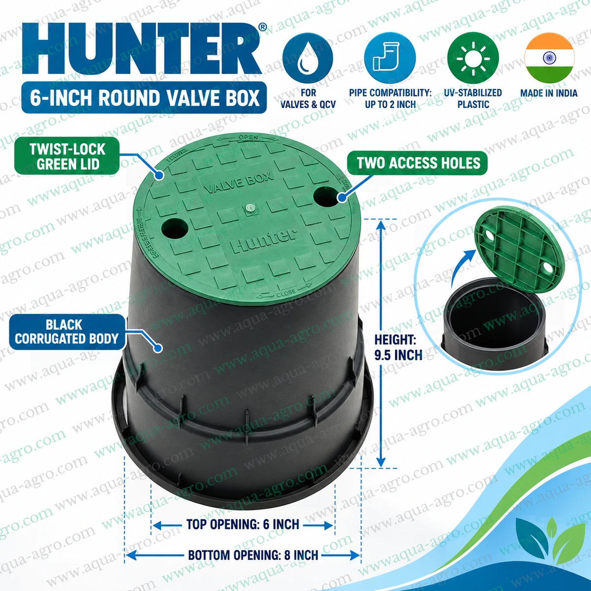 HUNTER 6 inch round plastic irrigation valve box with green twist lock lid black corrugated body UV stabilized construction two access holes 9.5 inch height and 8 inch bottom opening for underground irrigation valve protection