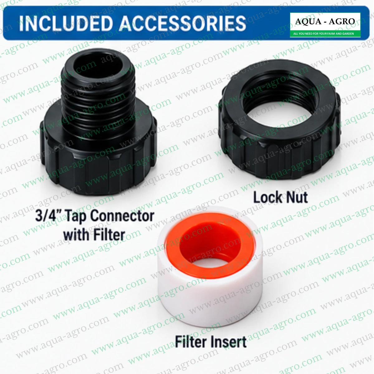 IRRIWORLD MI-106T automatic garden water timer accessories including 3/4 inch threaded tap connector with filter black locking nut and removable filter insert