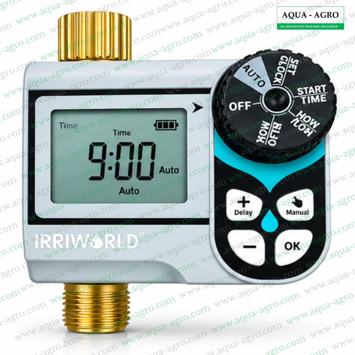 IRRIWORLD MI-106T single zone battery operated digital irrigation tap timer with LCD display rotary programming dial brass threaded water connections and automatic watering control