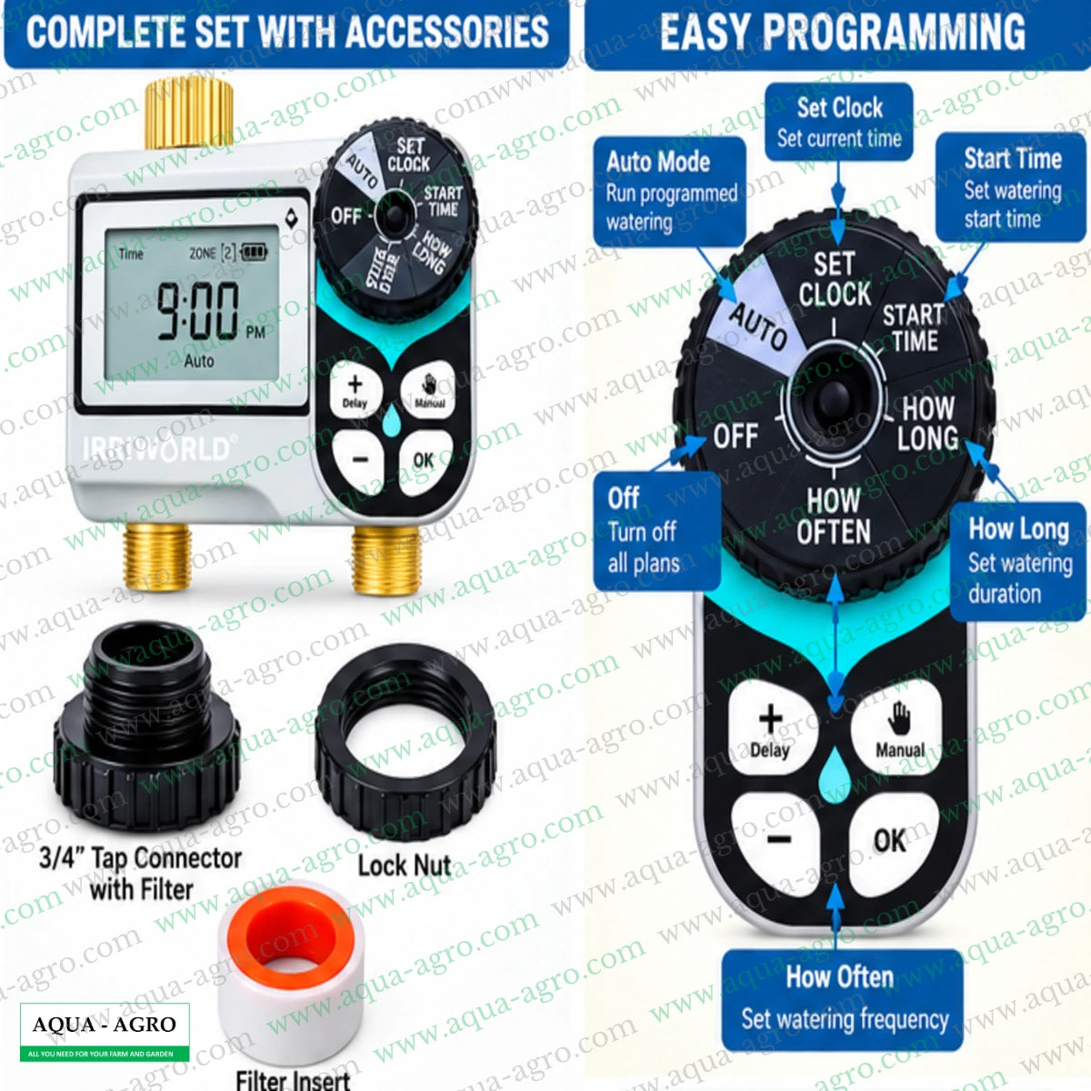 IRRIWORLD MI-206T digital irrigation controller with 3/4 inch tap connector filter insert lock nut and rotary dial for setting watering start time duration frequency and automatic mode