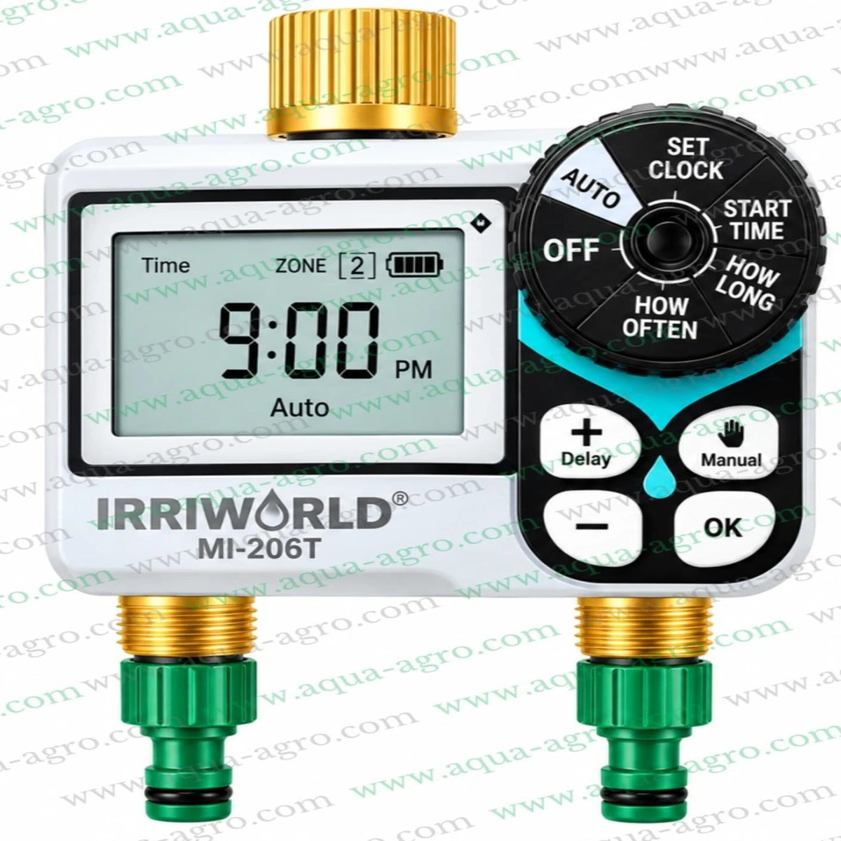 IRRIWORLD MI-206T 2 zone battery operated digital irrigation tap timer with LCD display rotary programming dial dual brass water outlets garden hose connectors and installation accessories