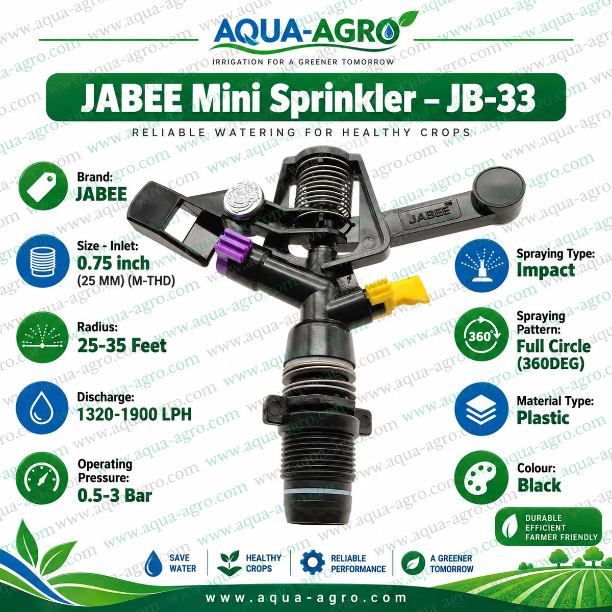 JABEE JB-33 full circle 360 degree mini impact sprinkler 25 to 35 feet radius 1320 to 1900 LPH 0.75 inch 25mm male threaded plastic agricultural irrigation sprinkler