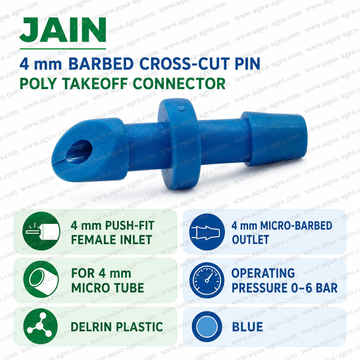 JAIN 4mm barbed cross cut pin poly takeoff connector blue Delrin plastic micro drip irrigation fitting with 4mm push fit female inlet and micro barbed outlet