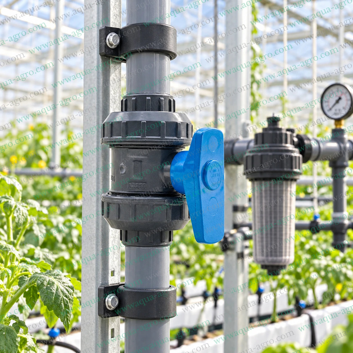 JAIN 0.75 inch (25mm) double union PVC ball valve installed on a greenhouse irrigation pipeline with filtration system, suitable for drip irrigation, fertigation, agriculture, horticulture, greenhouse plumbing and water distribution applications.