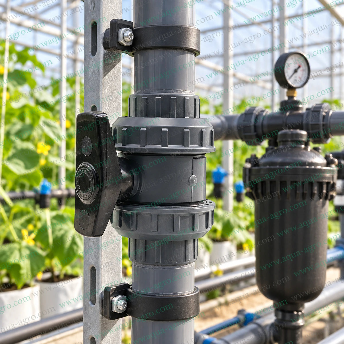 JAIN 1.25 inch (40mm) double union PVC ball valve installed in a greenhouse irrigation and filtration pipeline, suitable for drip irrigation, agriculture, horticulture, fertigation, greenhouse plumbing and water distribution systems.