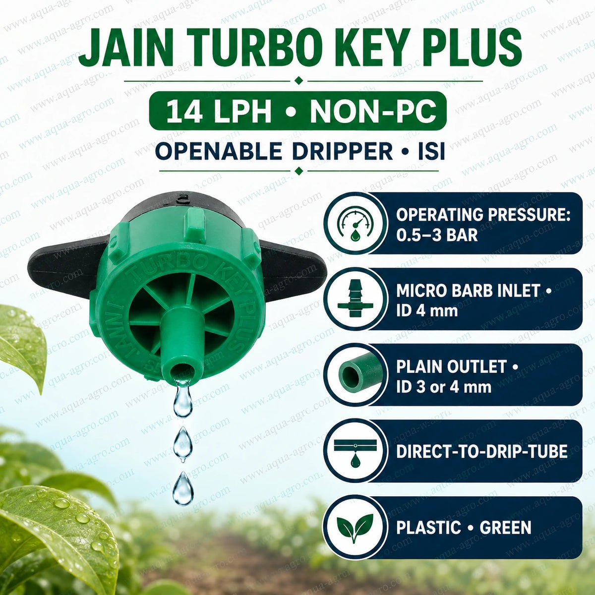 JAIN Turbo Key Plus 14 LPH non-PC green openable drip emitter with plain outlet for drip irrigation systems