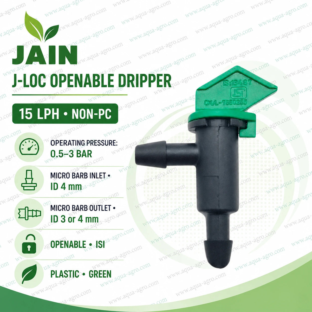 JAIN J-LOC 15 LPH ISI openable drip emitter with 4 mm micro barb inlet and barb outlet for agricultural irrigation