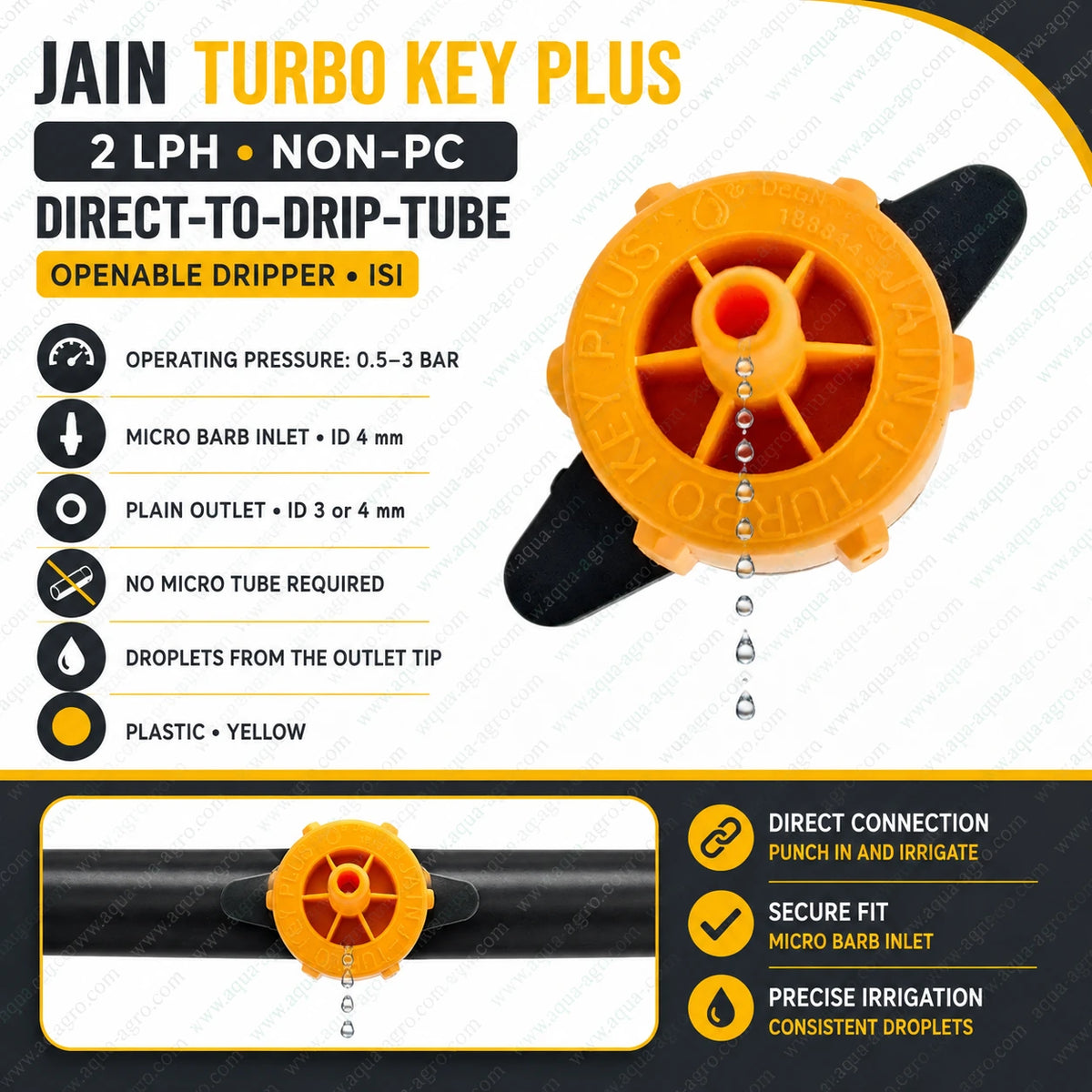 JAIN Turbo Key Plus 2 LPH non-PC openable dripper with micro barb inlet and plain outlet for drip irrigation systems