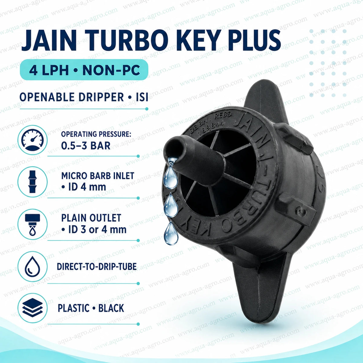JAIN Turbo Key Plus 4 LPH non-PC openable black dripper with micro barb inlet and plain outlet for drip irrigation