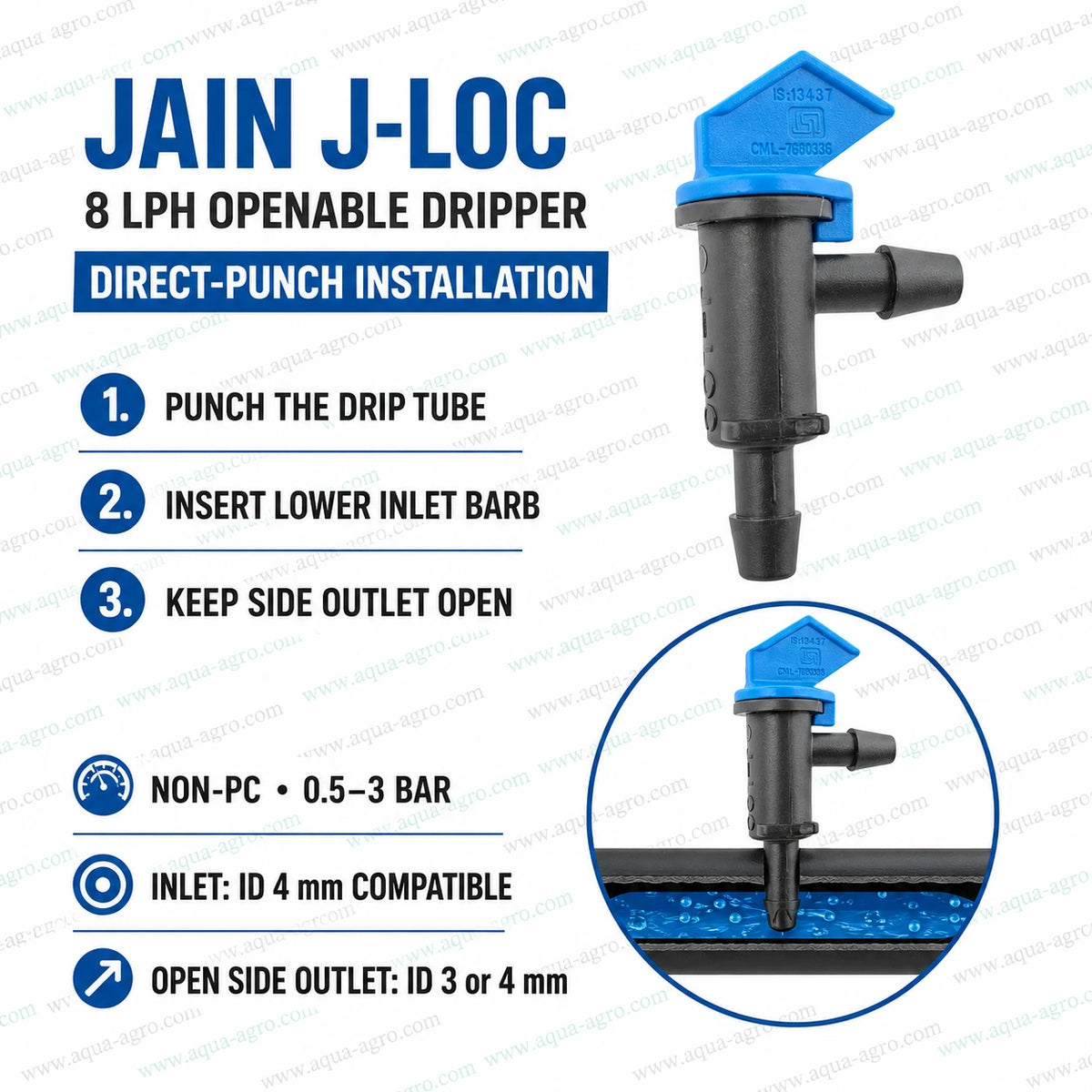 JAIN J-LOC 8 LPH openable drip emitter direct punch installation with 4 mm inlet and side barb outlet