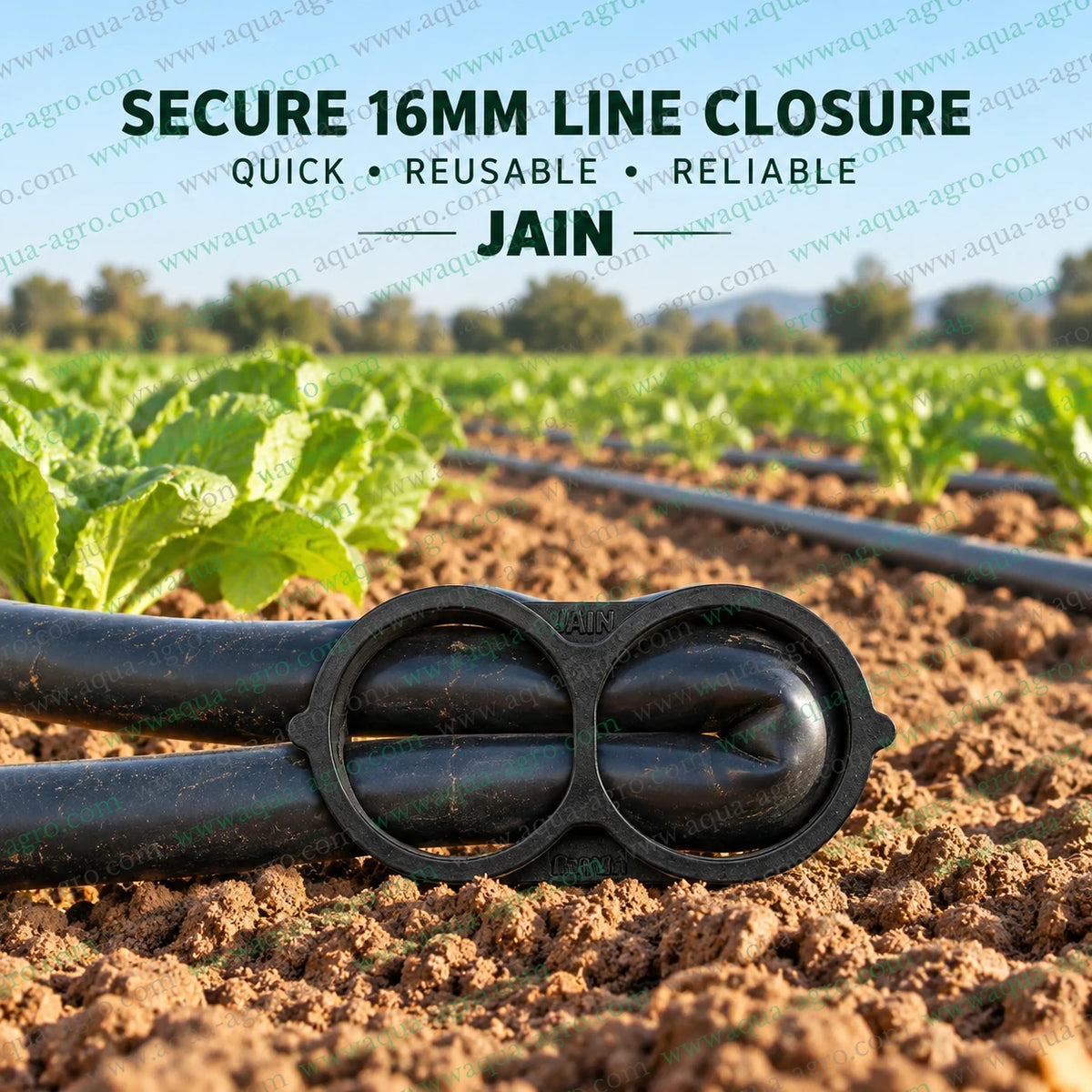 JAIN 16mm black line end clamp lifestyle image installed on drip irrigation lateral pipe in agricultural field for reliable reusable end closure and water management