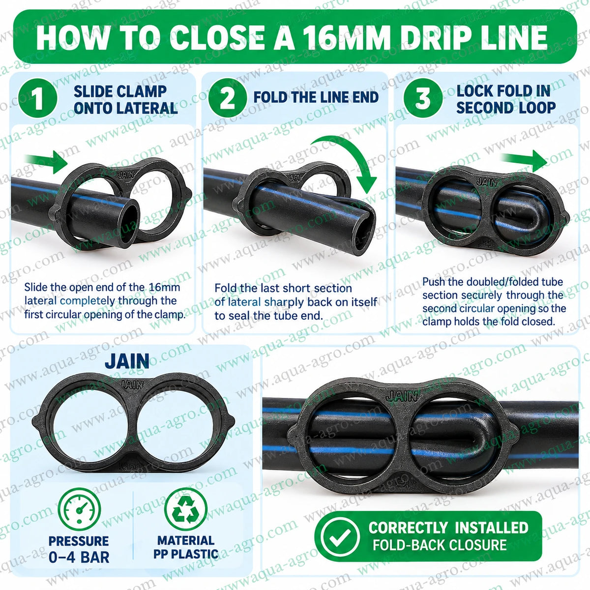 JAIN 16mm premium black line end clamp product infographic for secure drip irrigation lateral pipe closure with reusable fold back design PP plastic body and 0 to 4 bar pressure rating