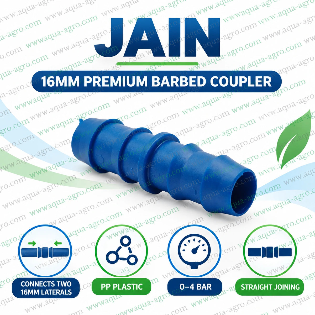 JAIN 16mm blue drip irrigation joiner lifestyle image connecting two black lateral pipes in a farm garden with durable barbed fitting for water distribution