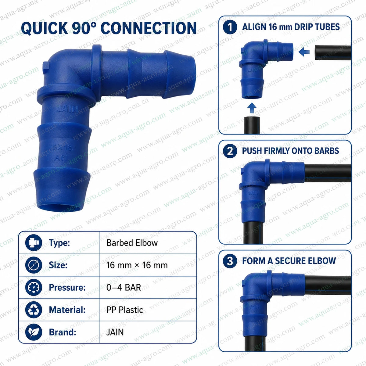 JAIN 16mm blue barbed elbow connector installation guide showing 90 degree joining of drip irrigation lateral pipes for farms and gardens