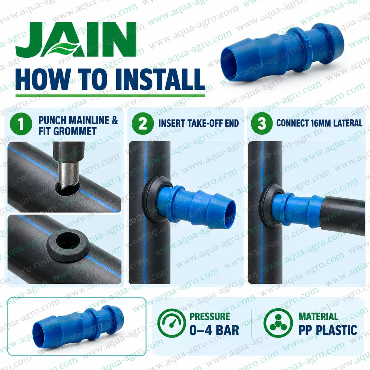 JAIN 16mm blue PP plastic barbed start connector installation guide showing mainline punching rubber grommet fitting and drip lateral pipe connection with 0 to 4 bar operating pressure